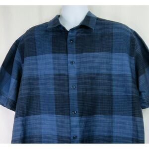Cubavera Plaid Shirt  XXL Blue Linen Cotton Blend Cuffs Short Sleeve Button Up
